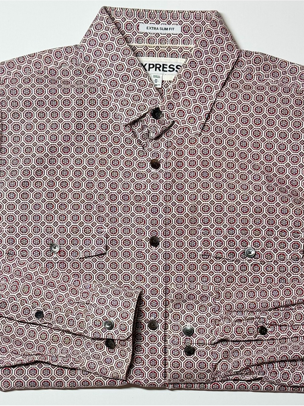 Express Men’s Red White Geometric Button‑Up Shirt‎ Extra Slim Fit Medium